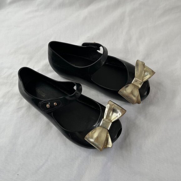 Mini Melissa Black Gold Bow Jelly Maryjane Flats Kids Size 12 Eu 30 - Picture 2 of 11